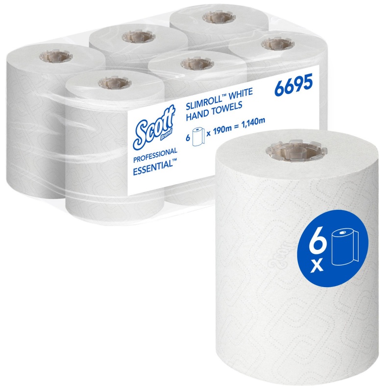 Ręcznik papierowy w roli SCOTT Essential Slimroll, 1-warstwowy, 190 m, 760 listk&oacute;w, 6 rolek, biały, Ręczniki papierowe i dozowniki, Artykuły higieniczne i dozowniki