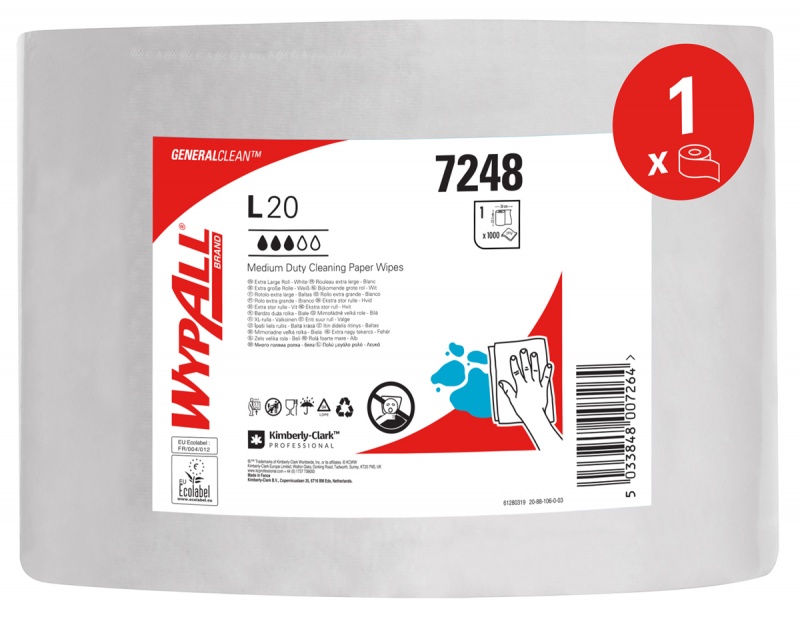 Czyściwo w roli WYPALL L20 General Clean, 2-warstwowe, 380m, 1000 listk&oacute;w, białe, Ręczniki papierowe i dozowniki, Artykuły higieniczne i dozowniki