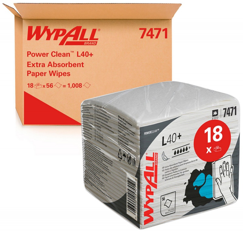 Czyściwo składane WYPALL L40+ Power Clean, 1-warstwowe, 30,4x31,7cm, 18 x 56 listk&oacute;w, białe, Ręczniki papierowe i dozowniki, Artykuły higieniczne i dozowniki