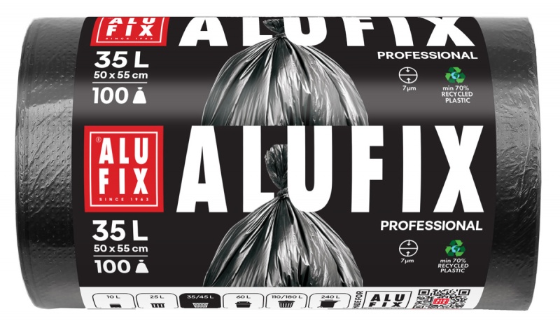 Worki na śmieci ALUFIX Professional, HDPE, 50x55cm, 7 &mu;m, 35l, 100 szt., czarne, Worki, Artykuły higieniczne i dozowniki
