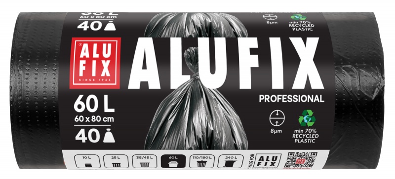 Worki na śmieci ALUFIX Professional, HDPE, 60x80cm, 8 &mu;m, 60l, 40 szt., czarne, Worki, Artykuły higieniczne i dozowniki