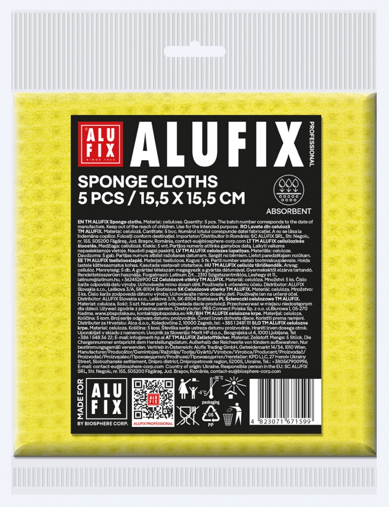 Ściereczki gąbkowe ALUFIX Professional, 15,5x15,5cm, 5 szt., ż&oacute;łte, Akcesoria do sprzątania, Artykuły higieniczne i dozowniki