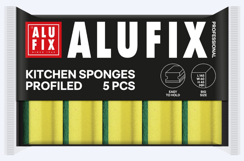 Gąbki kuchenne ALUFIX Professional, profilowane długie, 145x60x45mm, 5 szt., ż&oacute;łte, Akcesoria do sprzątania, Artykuły higieniczne i dozowniki