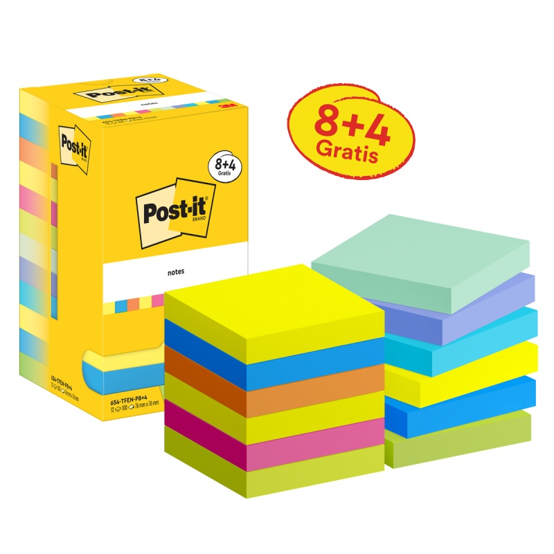 Karteczki samoprzylepne POST-IT&reg; Energetic, 76x76mm, 8x100 kart.+4x100 kart. gratis, mix kolor&oacute;w, Bloczki samoprzylepne, Papier i etykiety