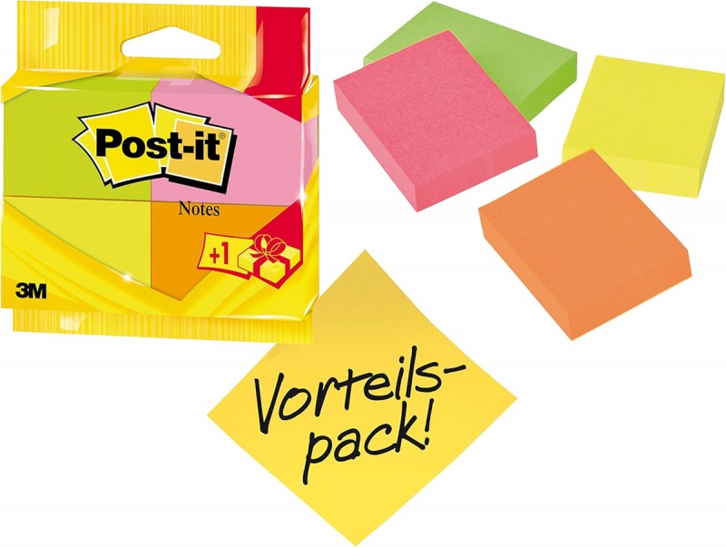 Karteczki samoprzylepne POST-IT&reg;, 38x51mm, 3x100 kartek + 1 bloczek, mix kolor&oacute;w, Bloczki samoprzylepne, Papier i etykiety