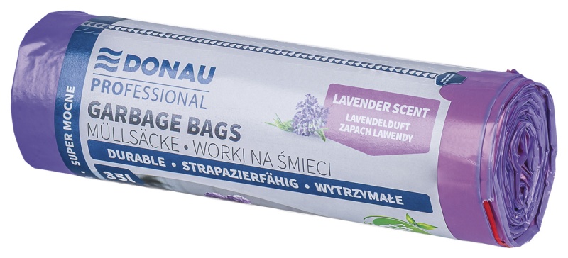 Worki na śmieci DONAU PROFESSIONAL, wytrzymałe, super mocne, z taśmą, 35l, 15 szt., zapach lawendy, fioletowe, Worki, Artykuły higieniczne i dozowniki