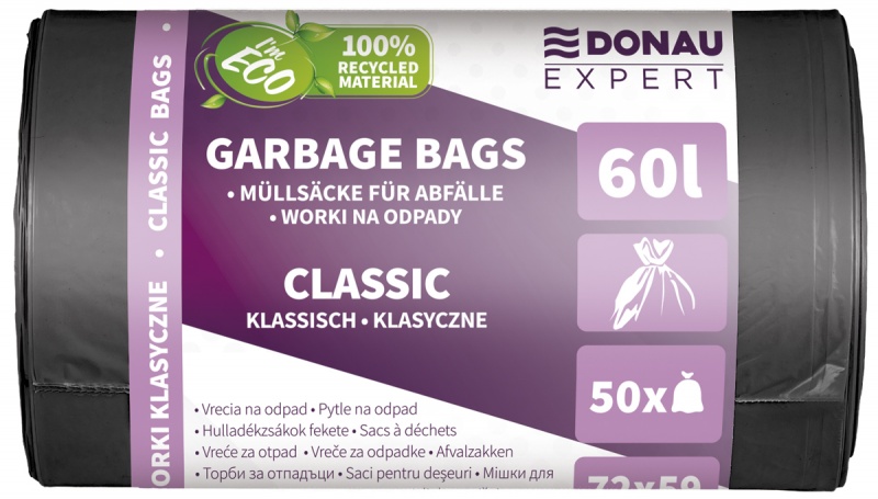 Worki na odpady DONAU EXPERT, klasyczne, LDPE, 60l, 50 szt., czarne, Worki, Artykuły higieniczne i dozowniki