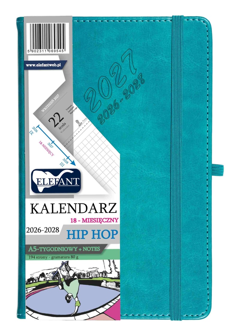 KALENDARZ HIP HOP A5 18 M-CY TYGODN.TURKUS 26/28, Tygodniowe, Kalendarze