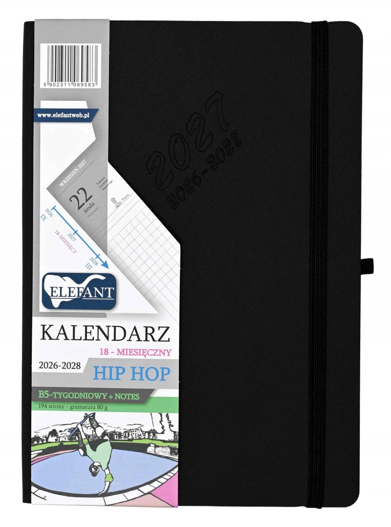 KALENDARZ HIP HOP B5 18 M-CY TYGODN.CZARNY 26/28, Tygodniowe, Kalendarze