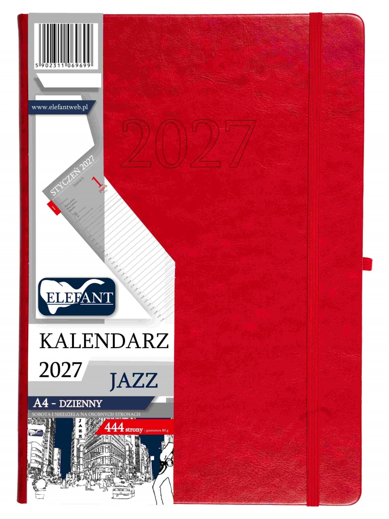 KALENDARZ JAZZ A4 DZIENNY CZERWONY 2027, Dzienne, Kalendarze