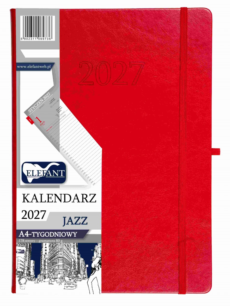 KALENDARZ JAZZ A4 TYGODNIOWY CZERWONY 2027, Tygodniowe, Kalendarze