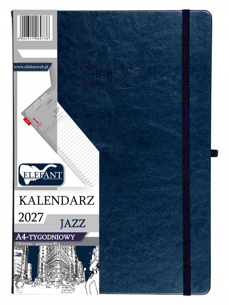KALENDARZ JAZZ A4 TYGODNIOWY GRANATOWY 2027, Tygodniowe, Kalendarze