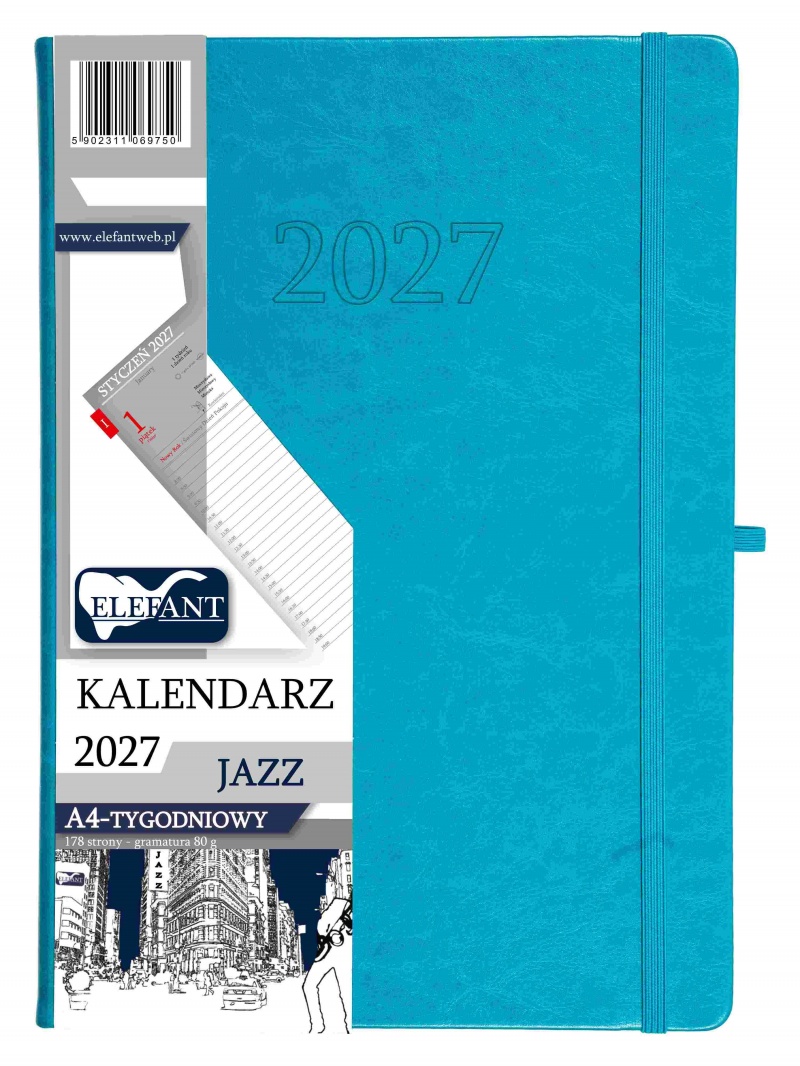 KALENDARZ JAZZ A4 TYGODNIOWY TURKUSOWY 2027, Tygodniowe, Kalendarze