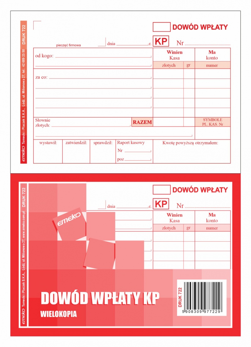 Druk KP Dow&oacute;d wpłaty EMEKO (Druk 722), A6, wielokopia, 80 kartek, Papiery specjalne, Papier i etykiety