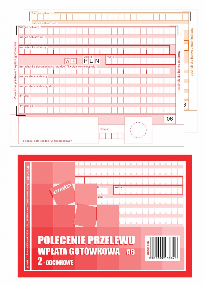 Druk Polecenie przelewu Wpłata got&oacute;wkowa EMEKO (Druk 835), A6, 1+1, 80 kartek, Papiery specjalne, Papier i etykiety