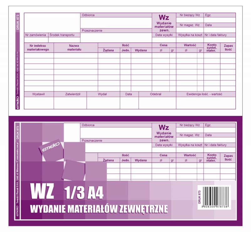 Druk WZ Wydanie materiał&oacute;w zewnętrzne EMEKO (Druk 873), 1/3 A4, wielokopia, Papiery specjalne, Papier i etykiety