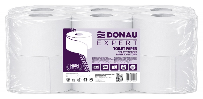 Papier toaletowy celulozowy DONAU EXPERT Jumbo, 2-warstwowy, 500 listk&oacute;w, 12szt., biały, Papiery toaletowe i dozowniki, Artykuły higieniczne i dozowniki