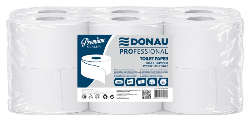 Papier toaletowy celulozowy DONAU PROFESSIONAL, 2-warstwowy, 315 listk&oacute;w, 12szt., biały, Papiery toaletowe i dozowniki, Artykuły higieniczne i dozowniki