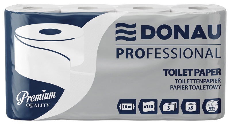Papier toaletowy celulozowy DONAU PROFESSIONAL, 3-warstwowy, 150 listk&oacute;w, 8szt., biały, Papiery toaletowe i dozowniki, Artykuły higieniczne i dozowniki