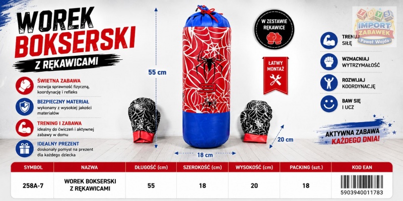 WOREK BOKSERSKI Z RĘKAWICAMI 258A-7-2 IMP, Dla chłopca, Zabawki