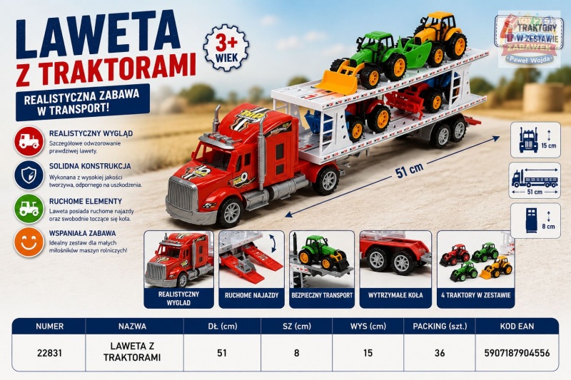 LAWETA Z TRAKTORAMI 22831 IMP, Pojazdy, Zabawki
