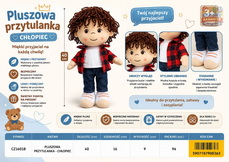 PLUSZOWA PRZYTULANKA - CHŁOPIEC CZ1601B IMP, Maskotki, Zabawki