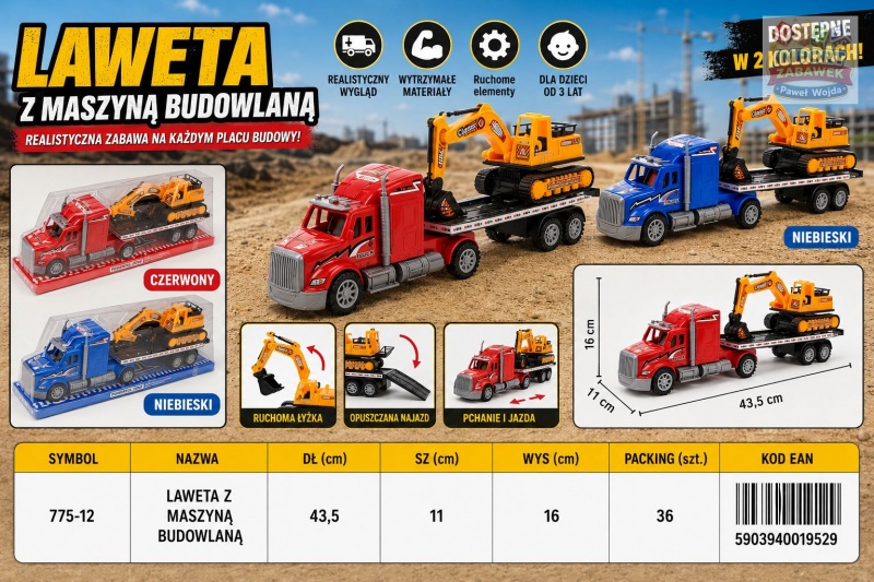 LAWETA Z MASZYNĄ BUDOWLANĄ 775-12 IMP, Pojazdy, Zabawki
