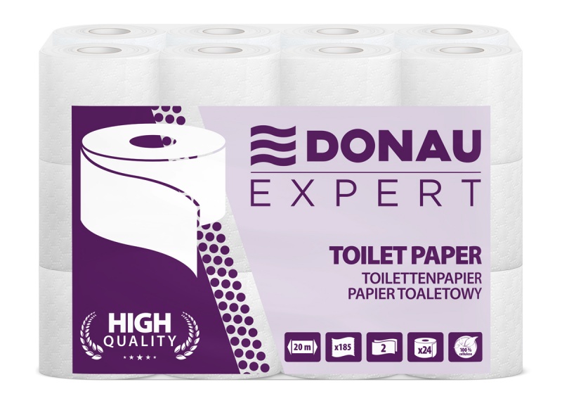 Papier toaletowy celulozowy DONAU EXPERT, 2-warstwowy, 185 listk&oacute;w, 24szt., biały, Papiery toaletowe i dozowniki, Artykuły higieniczne i dozowniki