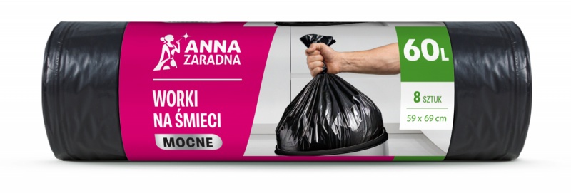 Worki na śmieci ANNA ZARADNA, mocne, 60l, 8 szt., czarne, Worki, Artykuły higieniczne i dozowniki