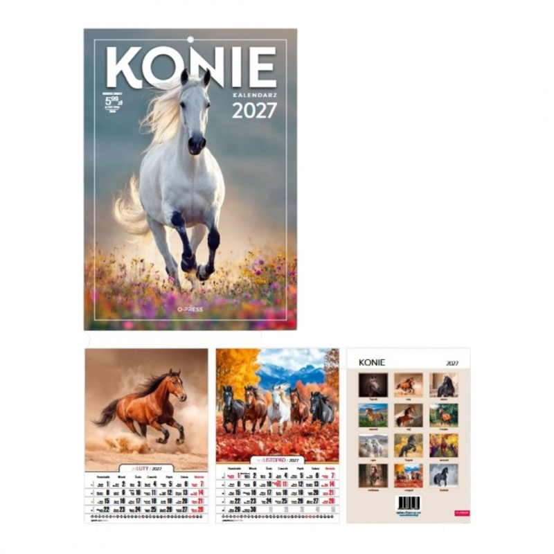 Kalendarz ścienny A4 Konie 2027, Ścienne, Kalendarze