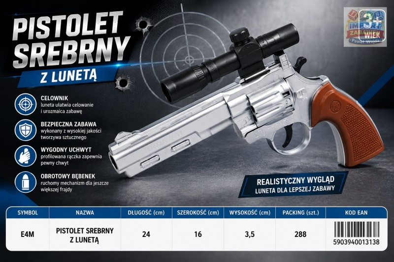 PISTOLET SREBRNY Z LUNETĄ, Dla chłopca, Zabawki