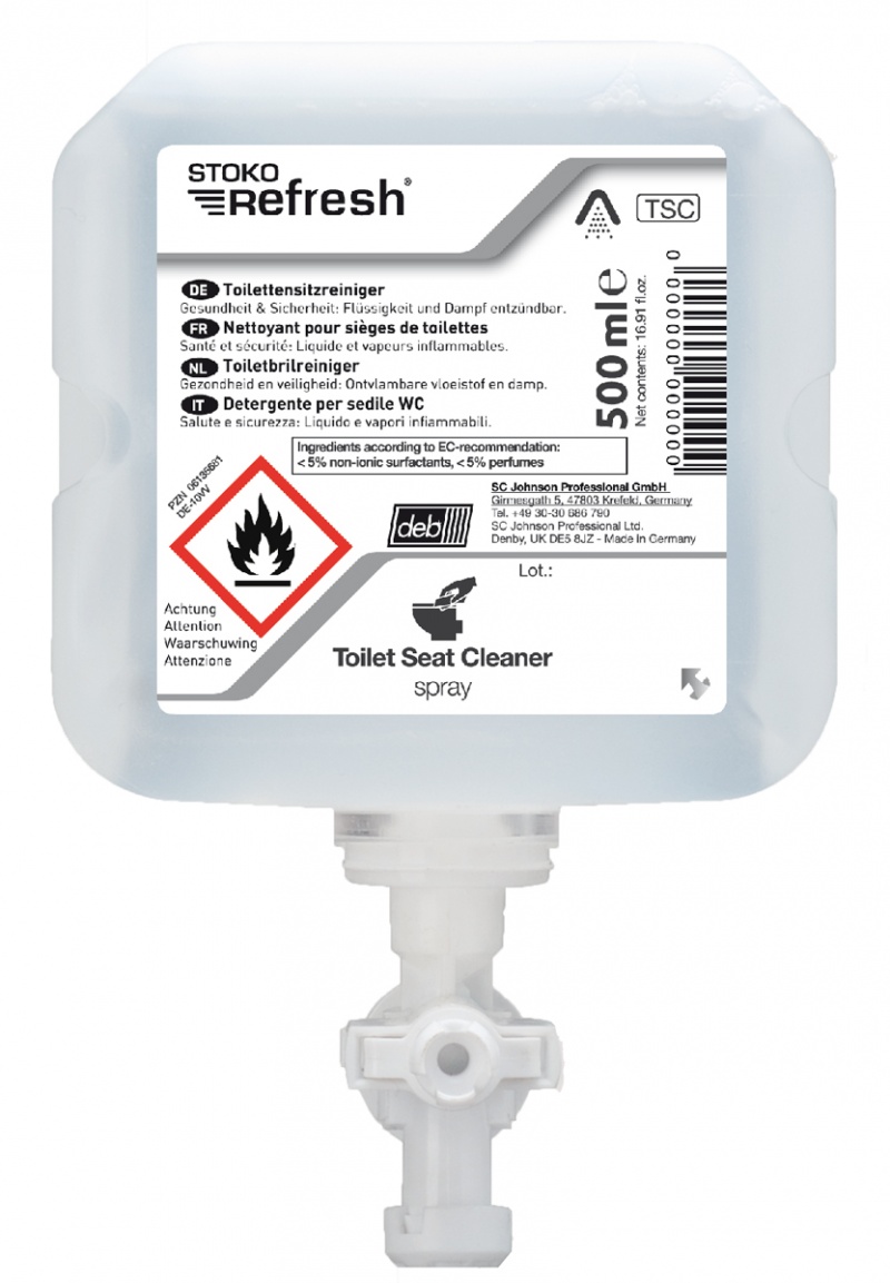 Spray antybakteryjny do desek sedesowych DEB Refresh Toilet Seat Cleaner, wkład do dozownika, 500ml, Dezynfekcja i dozowniki, Artykuły higieniczne i dozowniki