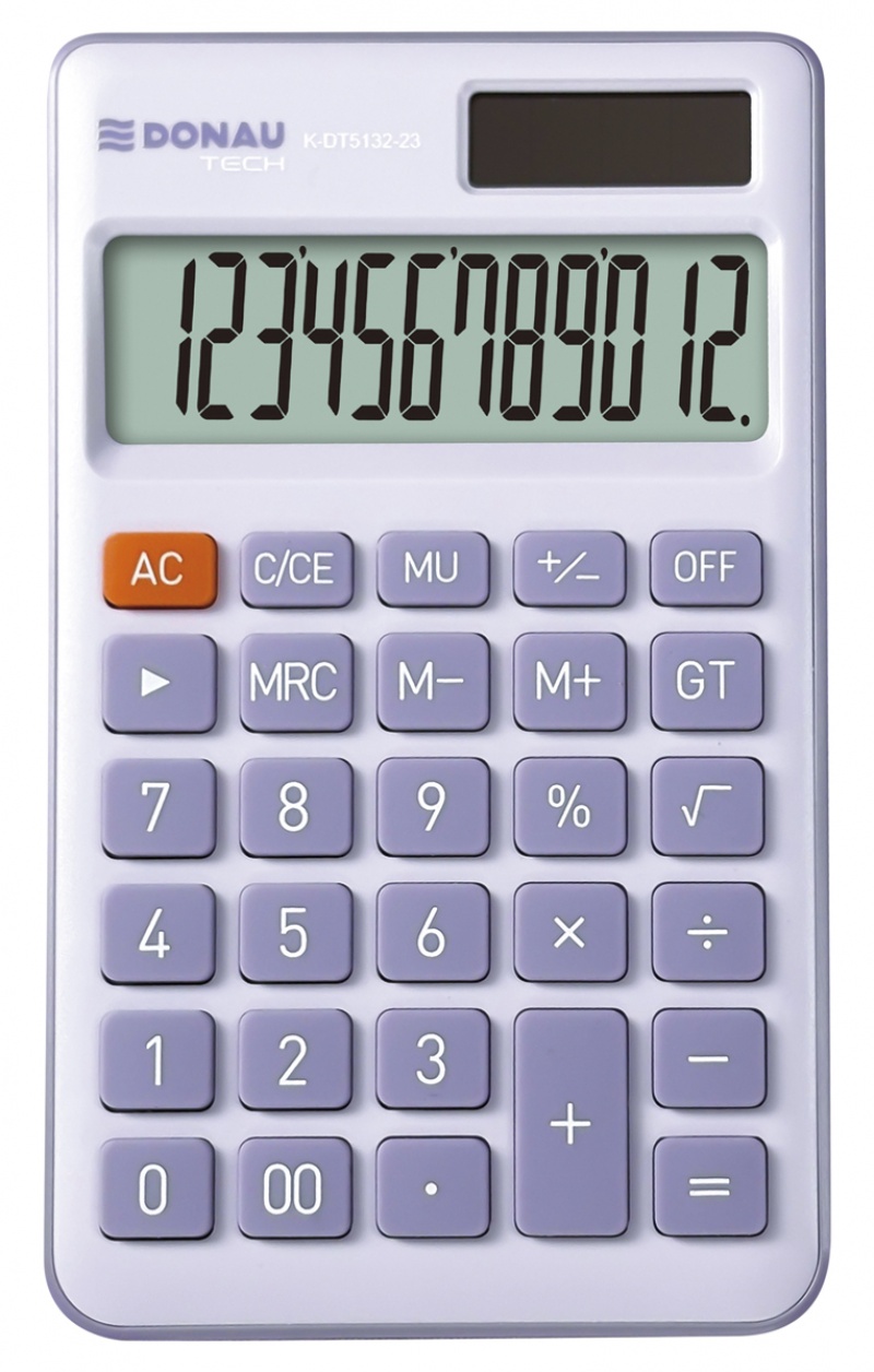 Kalkulator biurowy DONAU TECH, 12-cyfr. wyświetlacz, funkcja pierw., GT, wym. 137x84 mm, fioletowy, Kalkulatory, Urządzenia i maszyny biurowe