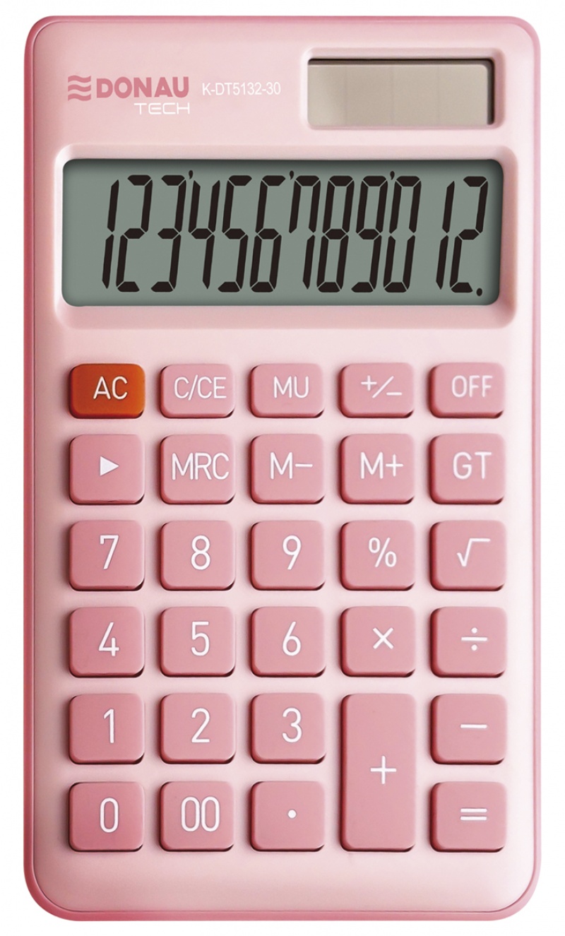 Kalkulator biurowy DONAU TECH, 12-cyfr. wyświetlacz, funkcja pierw., GT, wym. 137x84 mm, r&oacute;żowy, Kalkulatory, Urządzenia i maszyny biurowe