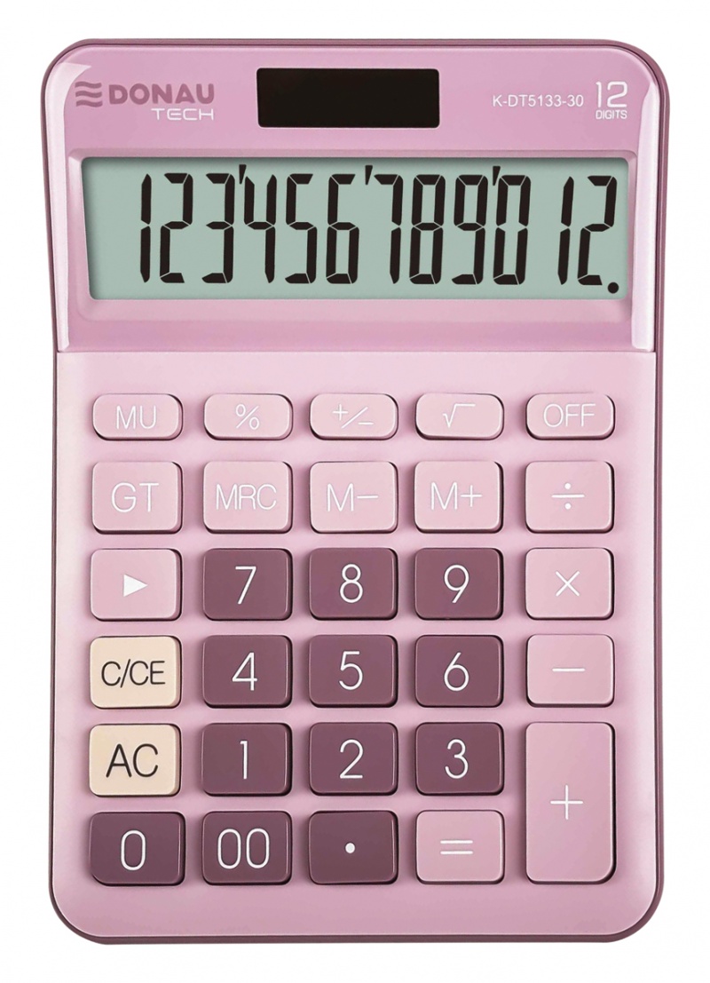 Kalkulator biurowy DONAU TECH, 12-cyfr. wyświetlacz, funkcja pierw., GT, wym. 175x126 mm, r&oacute;żowy, Kalkulatory, Urządzenia i maszyny biurowe