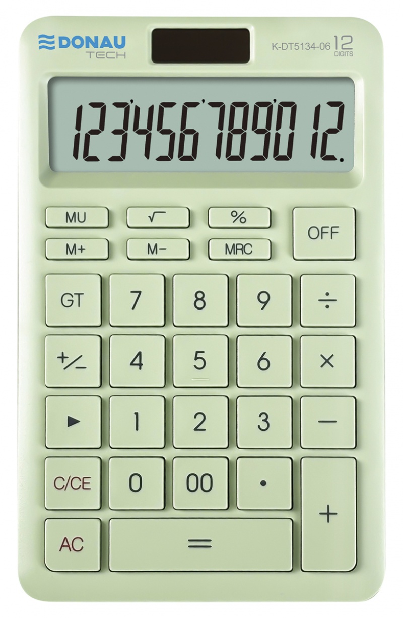 Kalkulator biurowy DONAU TECH, 12-cyfr. wyświetlacz, funkcja pierw., GT, wym. 166x104 mm, zielony, Kalkulatory, Urządzenia i maszyny biurowe