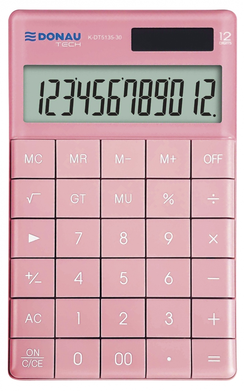 Kalkulator biurowy DONAU TECH, 12-cyfr. wyświetlacz, funkcja pierw., GT, wym. 166x100 mm, r&oacute;żowy, Kalkulatory, Urządzenia i maszyny biurowe
