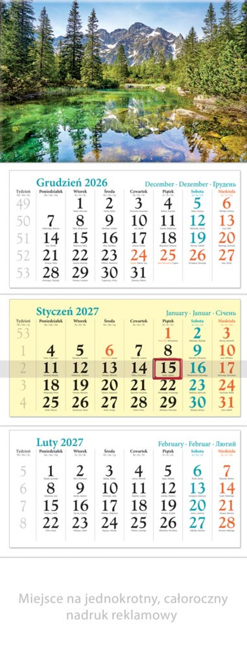 KALENDARZ TR&Oacute;JDZIELNY KT01 TATRY 2027, Ścienne, Kalendarze