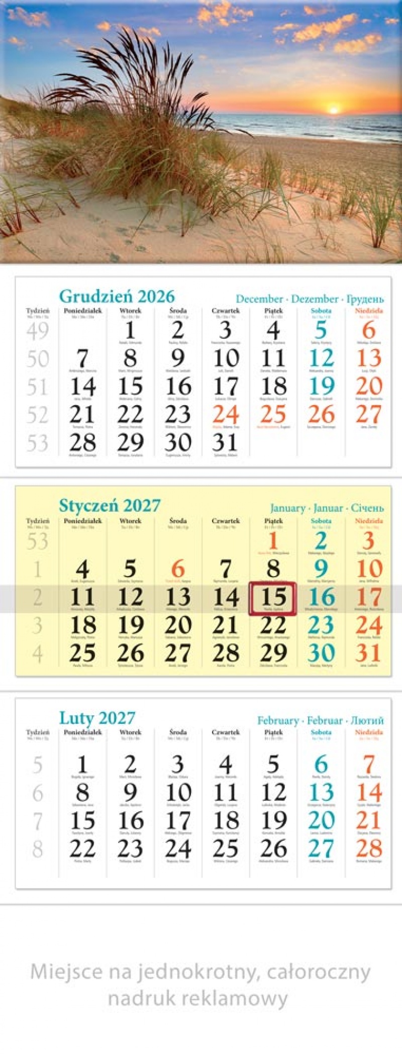 KALENDARZ TR&Oacute;JDZIELNY KT02 PLAŻA 2027, Ścienne, Kalendarze