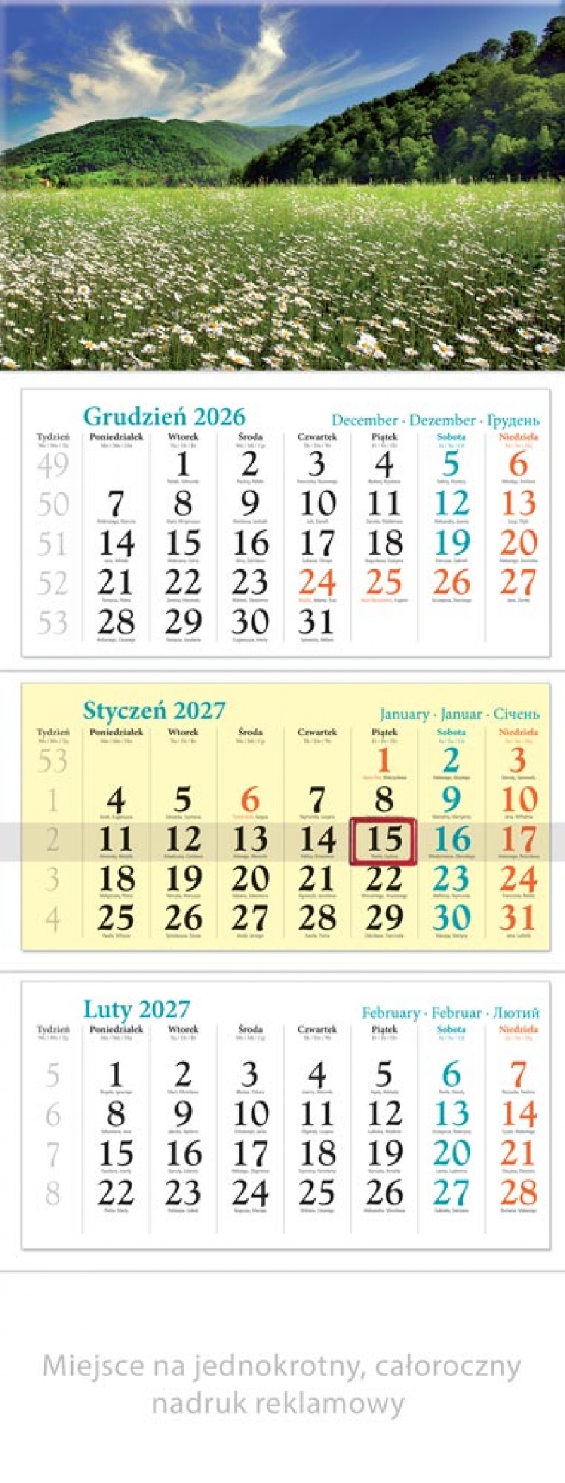 KALENDARZ TR&Oacute;JDZIELNY KT04 ŁĄKA 2027, Ścienne, Kalendarze
