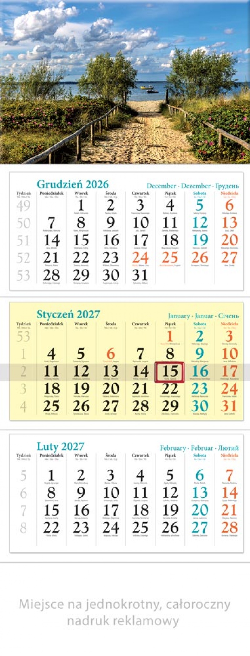 KALENDARZ TR&Oacute;JDZIELNY KT05 ZATOKA 2027, Ścienne, Kalendarze