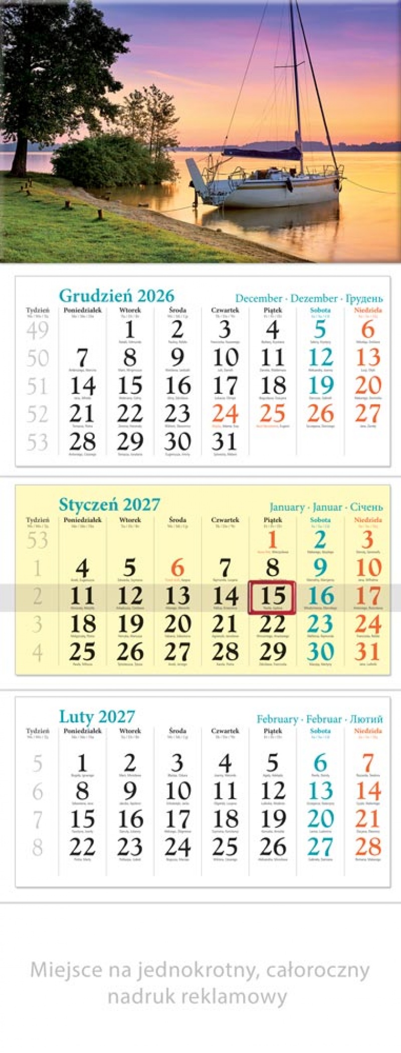 KALENDARZ TR&Oacute;JDZIELNY KT06 MAZURY 2026, Ścienne, Kalendarze
