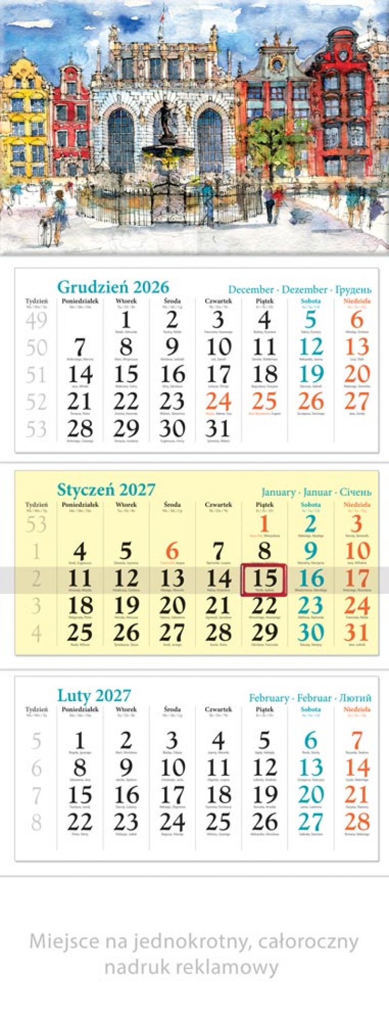 KALENDARZ TR&Oacute;JDZIELNY KT08 GDAŃSK 2027, Ścienne, Kalendarze