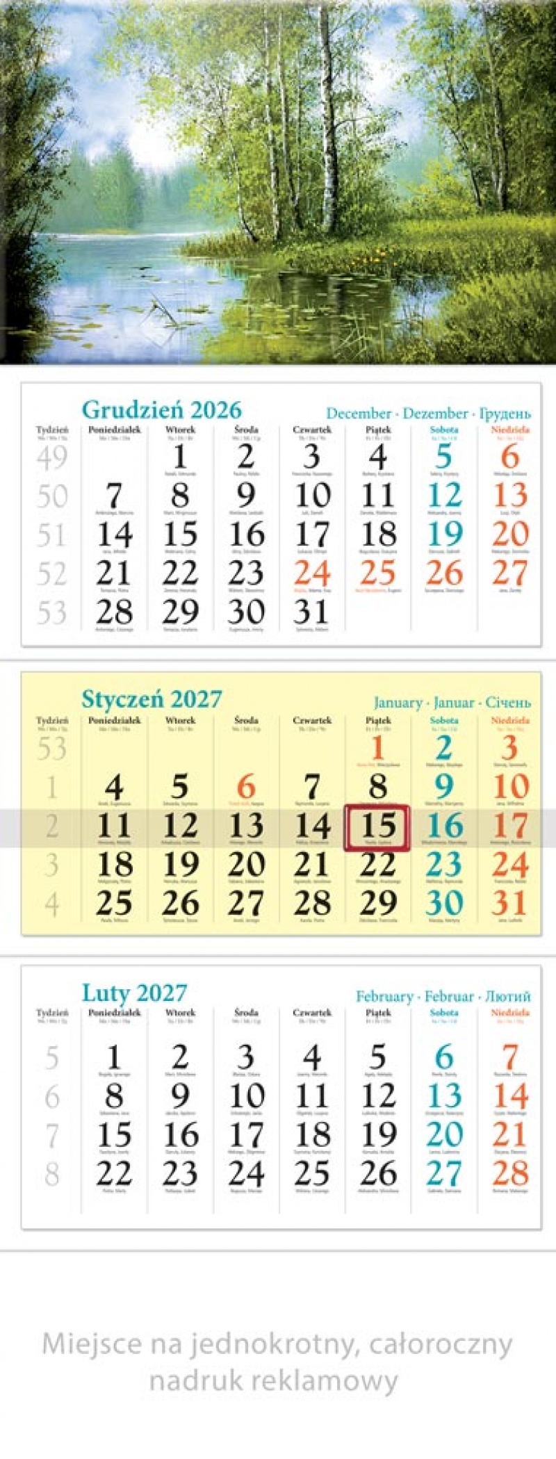 KALENDARZ TR&Oacute;JDZIELNY KT09 ROZLEWISKO 2027, Ścienne, Kalendarze
