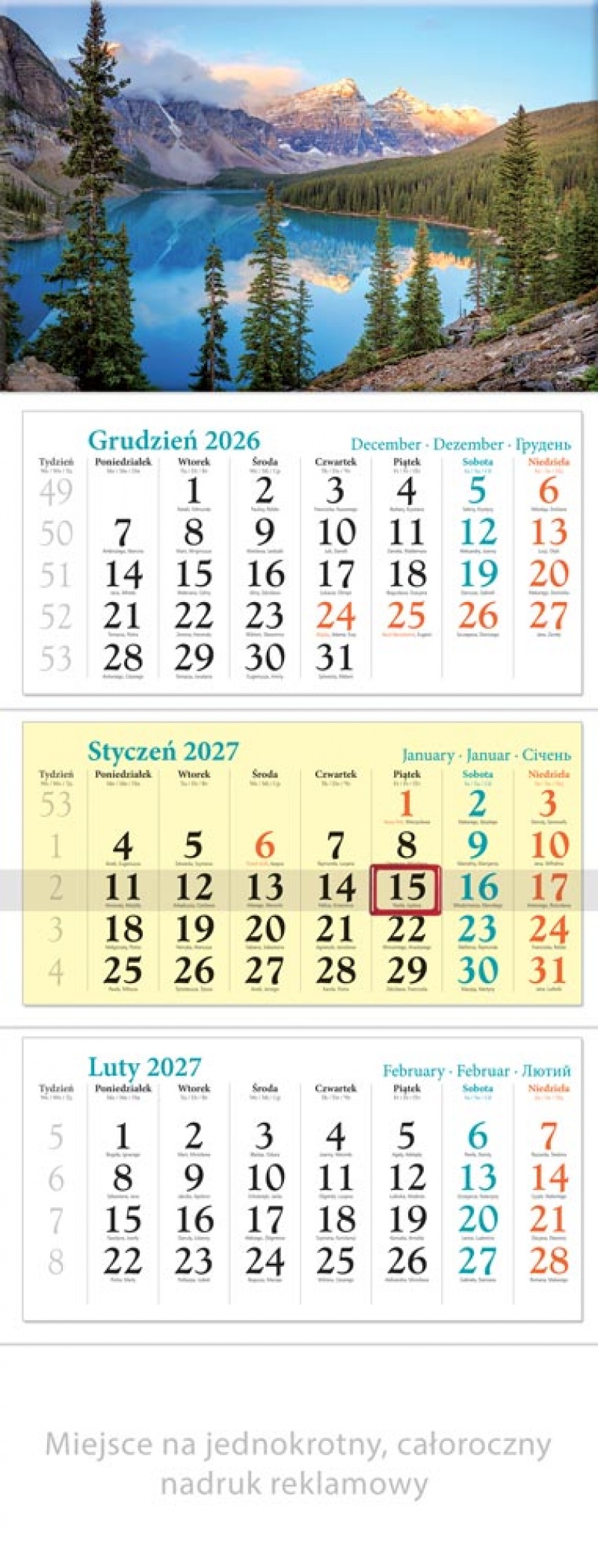 KALENDARZ TR&Oacute;JDZIELNY KT10 JEZIORO 2027, Ścienne, Kalendarze