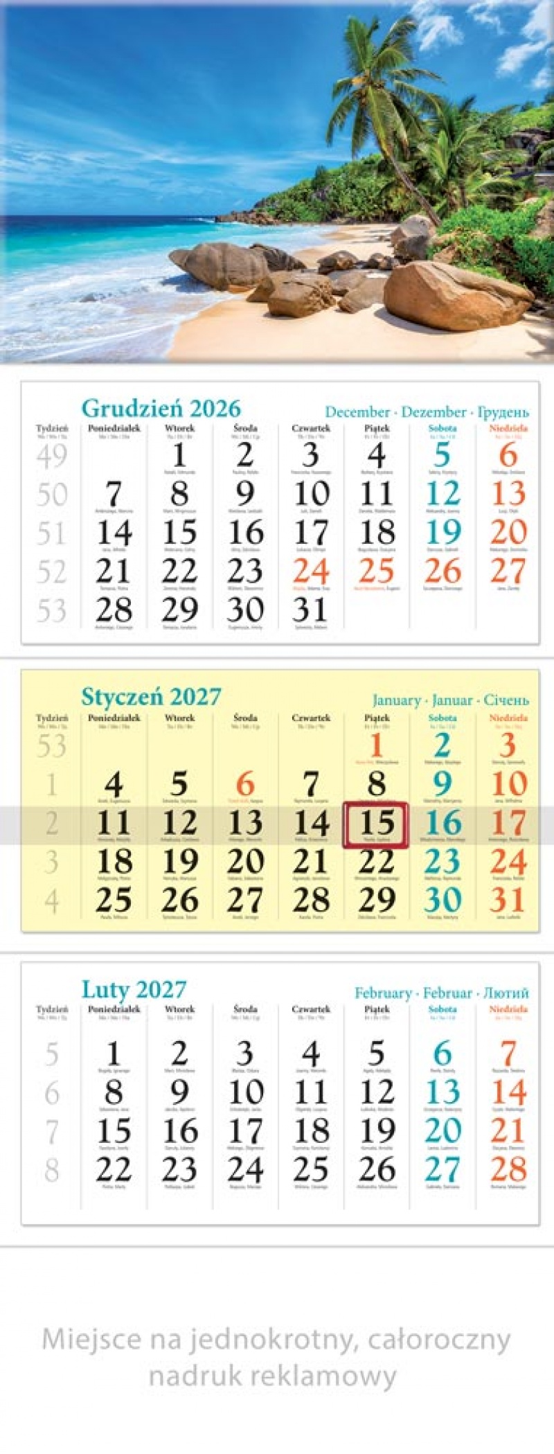 KALENDARZ TR&Oacute;JDZIELNY KT11 WAKACJE 2027, Ścienne, Kalendarze