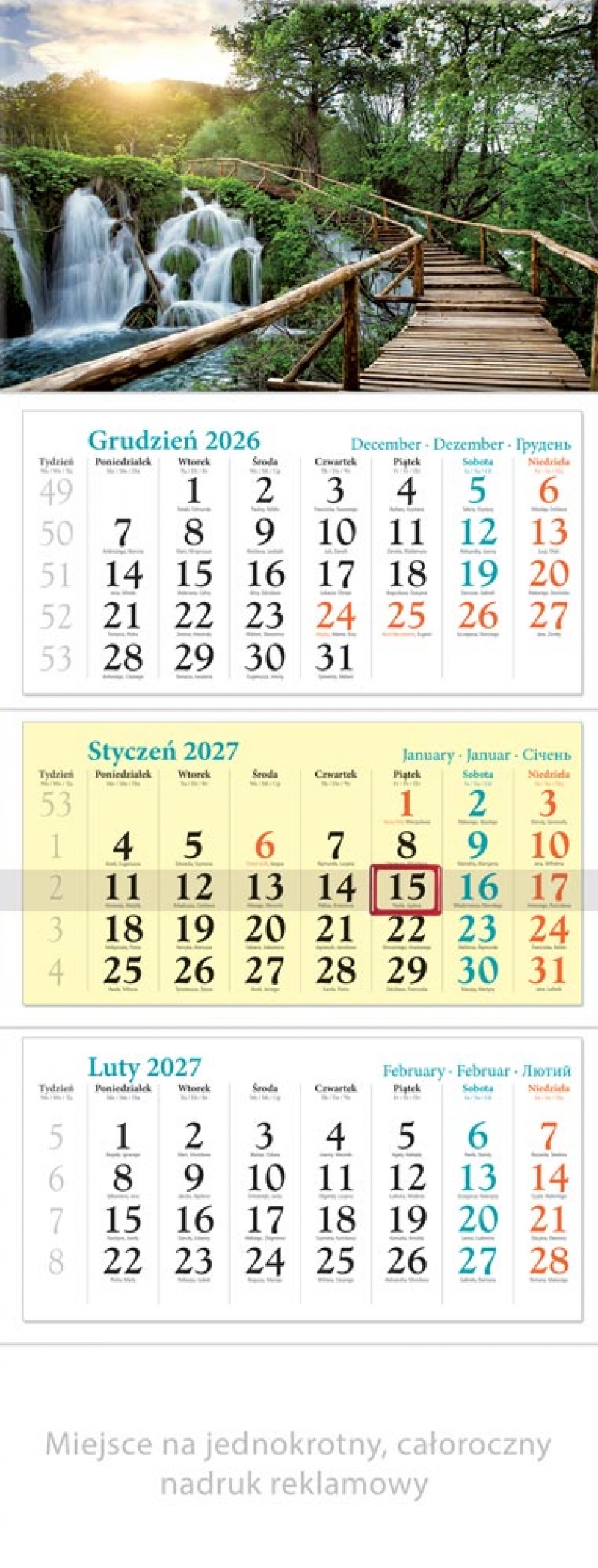 KALENDARZ TR&Oacute;JDZIELNY KT12 WODOSPAD 2027, Ścienne, Kalendarze