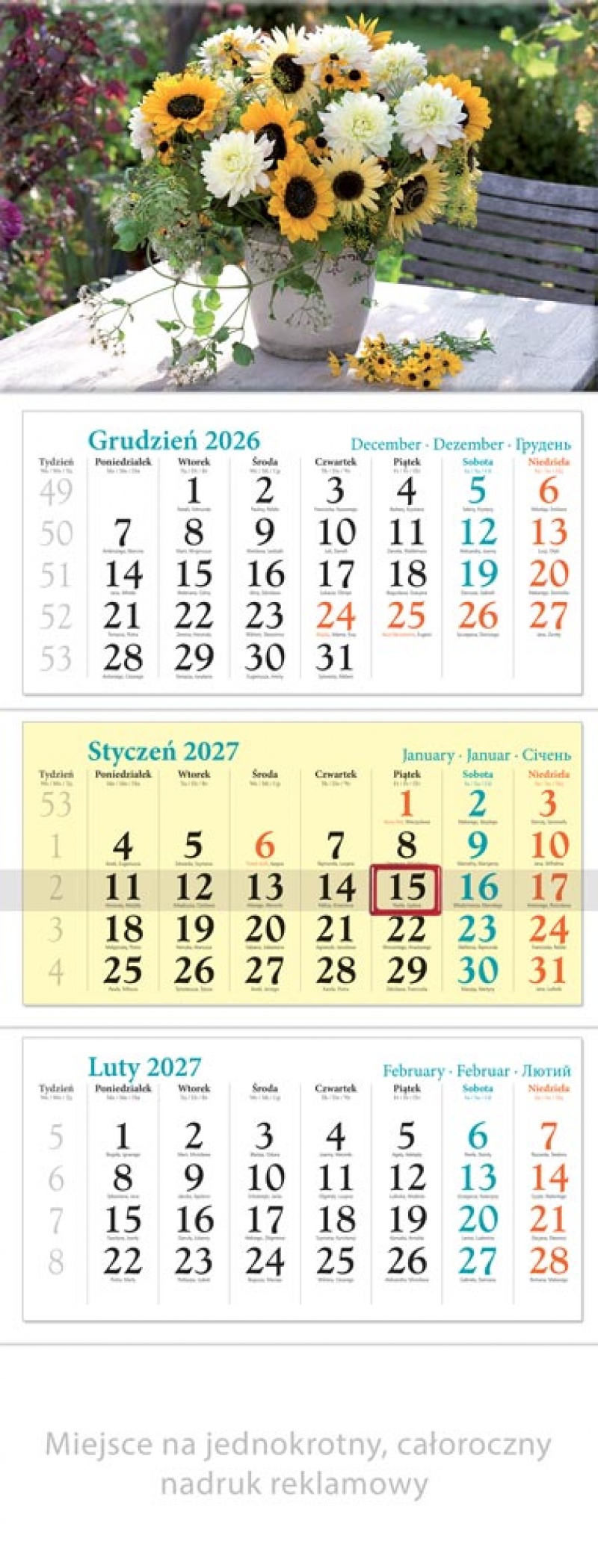 KALENDARZ TR&Oacute;JDZIELNY KT15 BUKIET 2027, Ścienne, Kalendarze