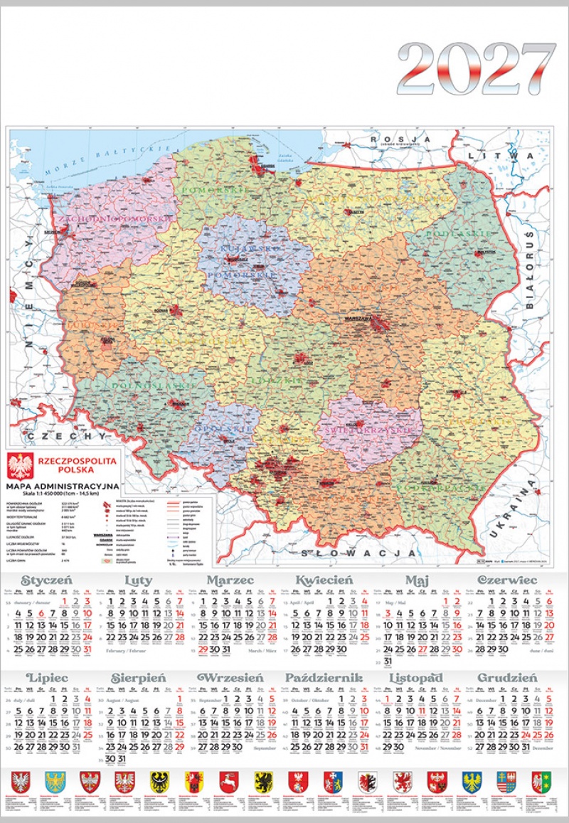 KALENDARZ JEDNOPLANSZOWY PL15 MAPA 2027, Ścienne, Kalendarze