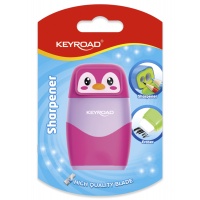 Plastic sharpener with eraser KEYROAD, penguin, double, blister, assorted colors